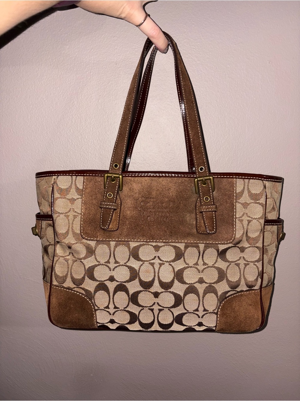Vintage Coach F10447 Signature Suede Jacquard Tote Bag Brown Y2K